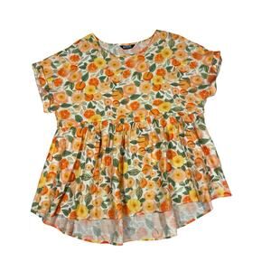 Bloomchic Floral Babydoll Blouse Orange Yellow Peplum Short Sleeve